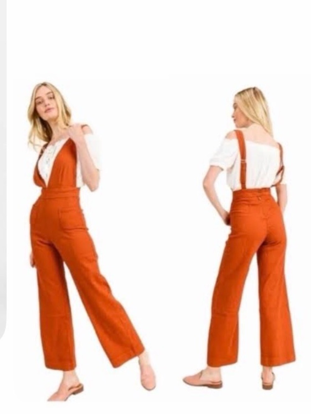Babydoll Rust Orange Suspender Wide-Leg Jumpsuit